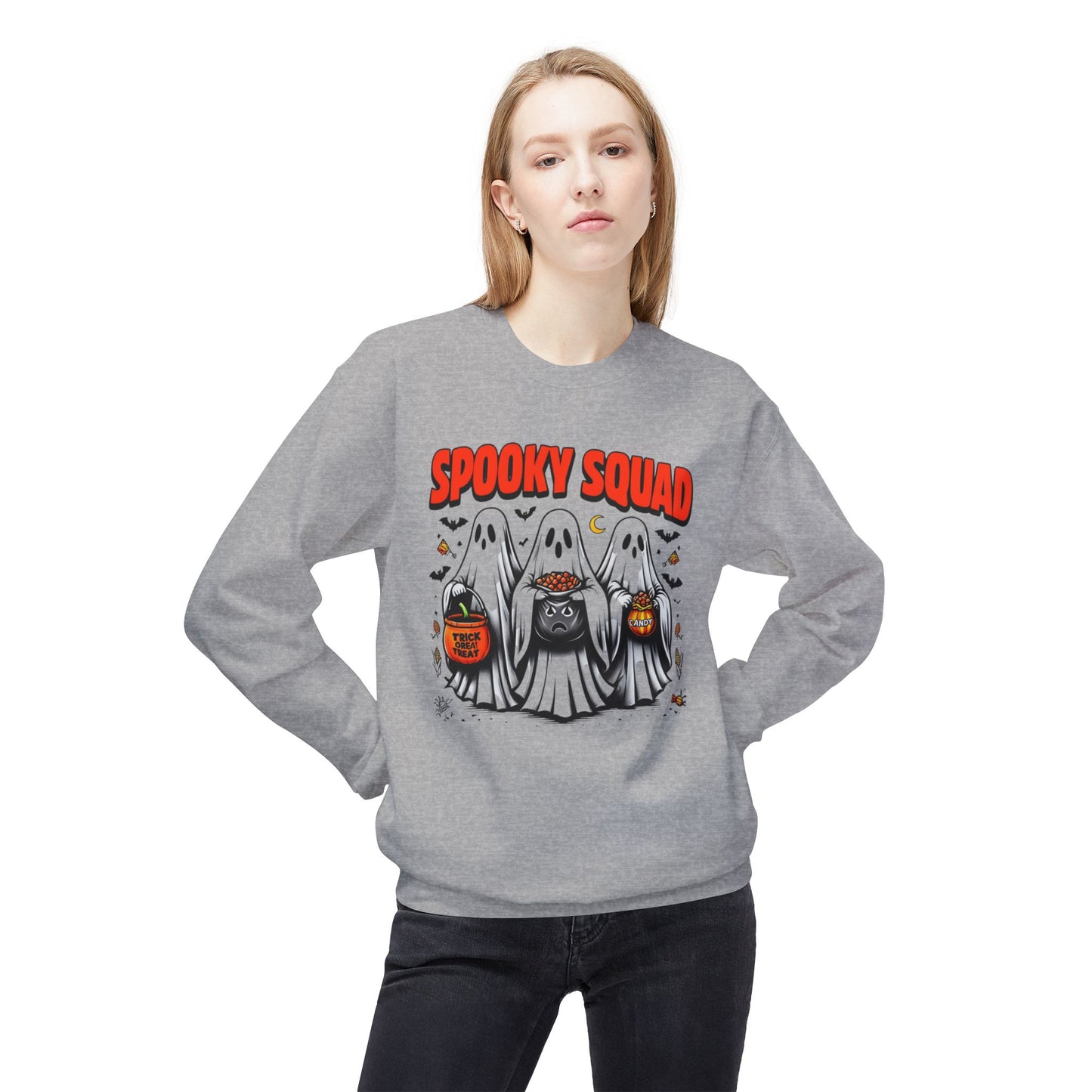 Spooky Squad Crewneck Sweatshirt, Halloween Sweatshirt, Unisex Fleece Top, Fall Apparel, Ghost Themed Clothing, Casual Halloween Wear