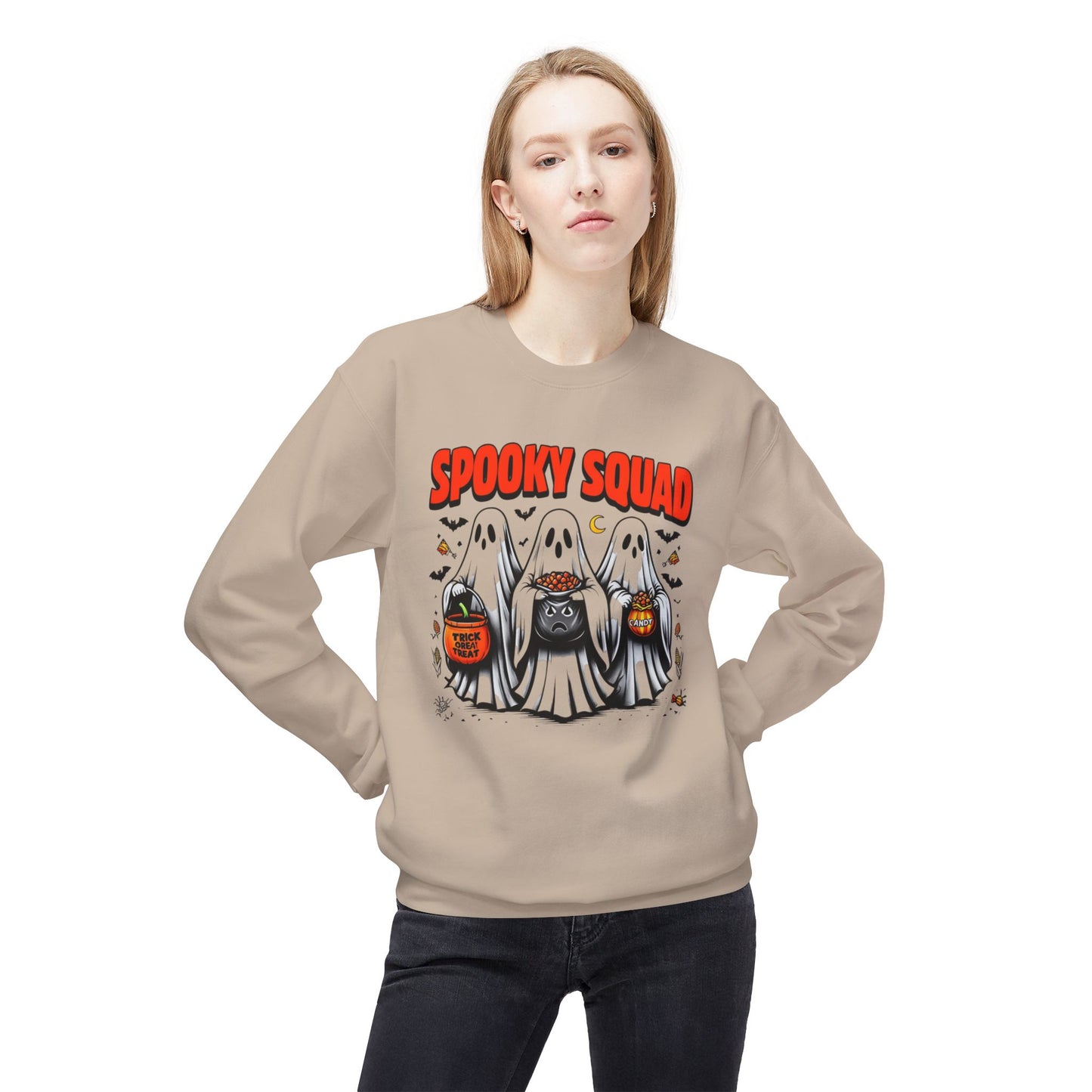 Spooky Squad Crewneck Sweatshirt, Halloween Sweatshirt, Unisex Fleece Top, Fall Apparel, Ghost Themed Clothing, Casual Halloween Wear