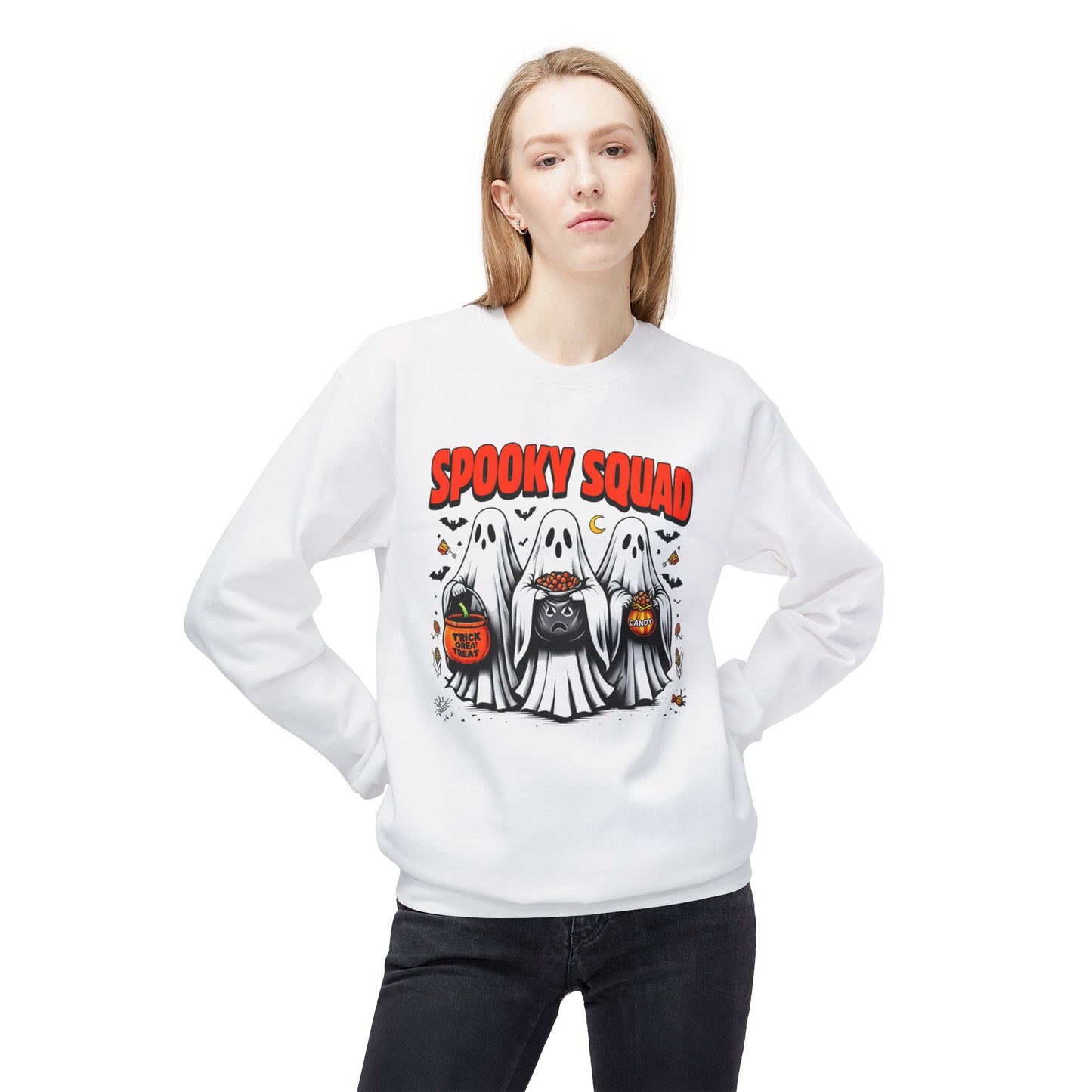 Spooky Squad Crewneck Sweatshirt, Halloween Sweatshirt, Unisex Fleece Top, Fall Apparel, Ghost Themed Clothing, Casual Halloween Wear