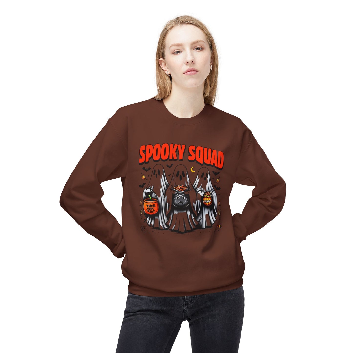 Spooky Squad Crewneck Sweatshirt, Halloween Sweatshirt, Unisex Fleece Top, Fall Apparel, Ghost Themed Clothing, Casual Halloween Wear